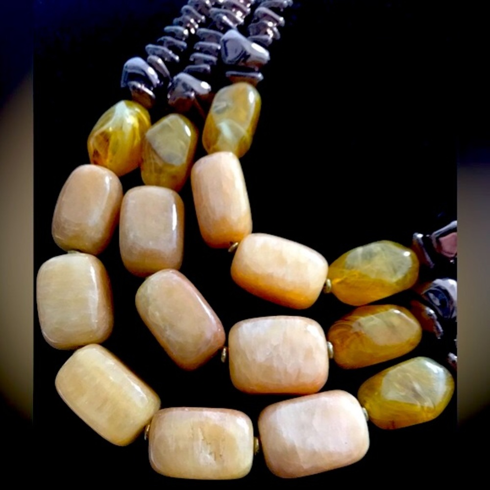 Chico’s Saffron Goldtone Amber 3-Strand Funky Bib Statement Necklace NWT